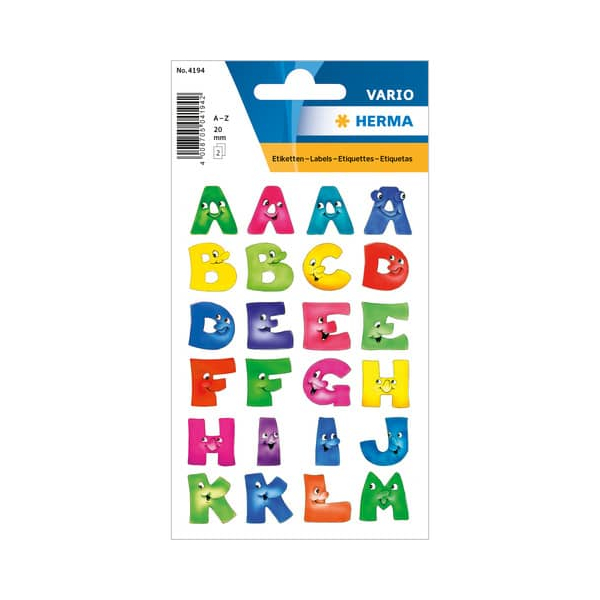 Stickers alphabétiques HERMA A-Z en papier avec visages amusants pour loisirs créatifs et décoration