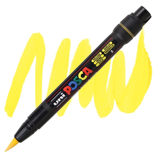 Marqueur pinceau Uni-Ball Posca Brush PCF-350 - Jaune pour dessin et calligraphie, loisirs créatifs