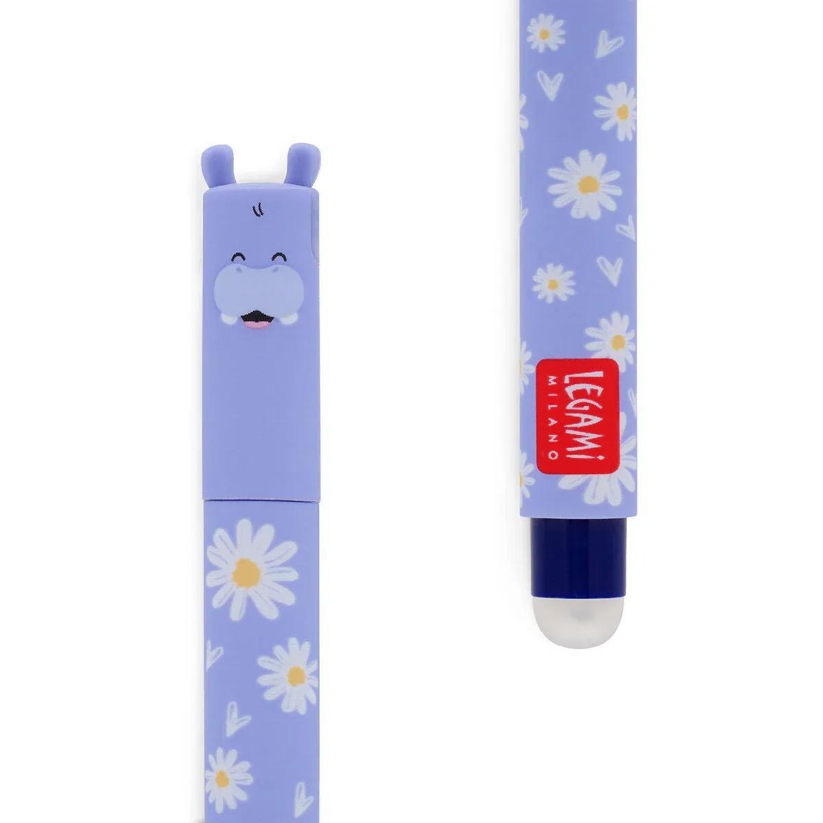 Stylo à encre gel effaçable Legami - Hippopotame Bleu - Pointe moyenne pour écriture fluide
