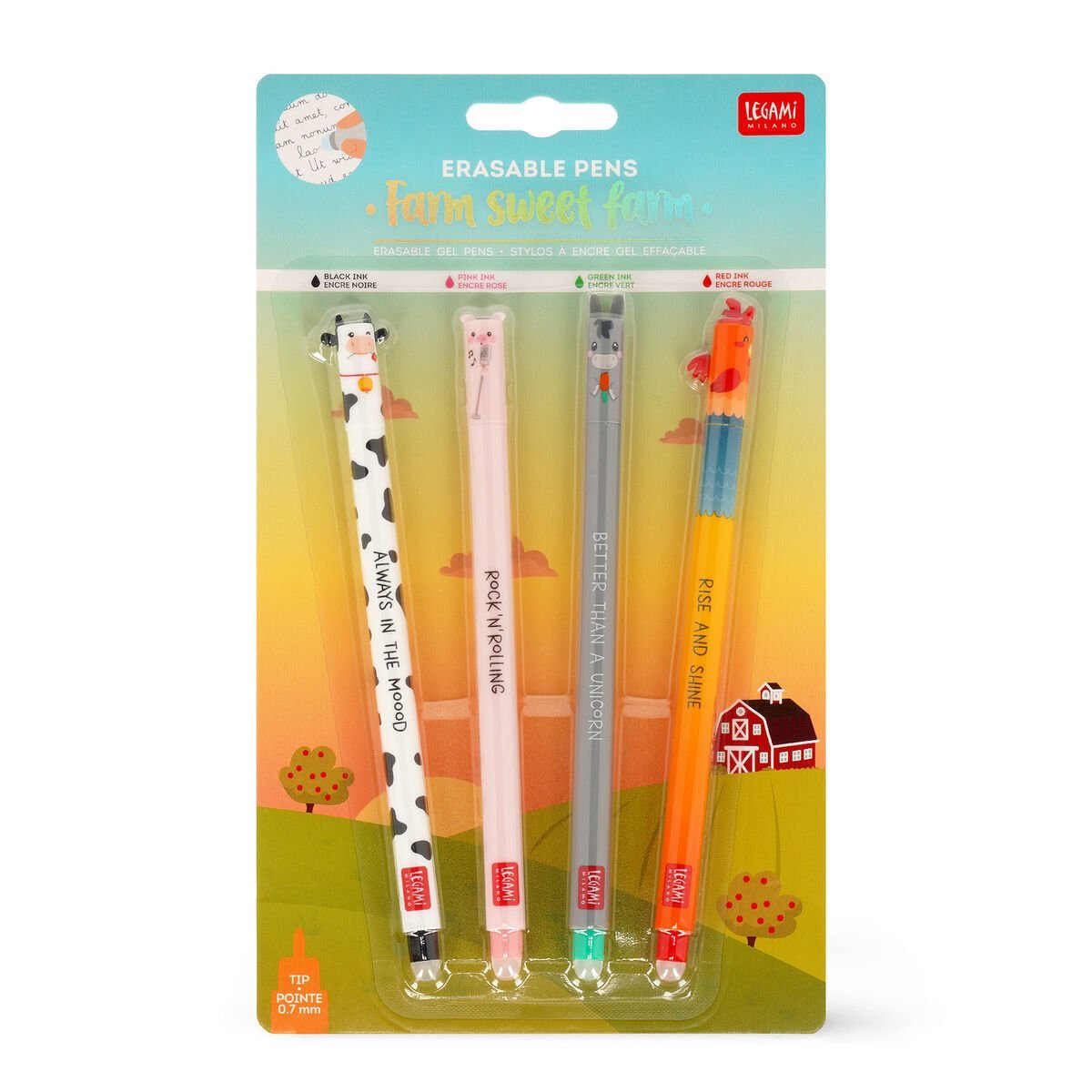 Lot de 4 stylos à encre gel effaçable Legami - Animaux de la ferme - Pointe moyenne pour école