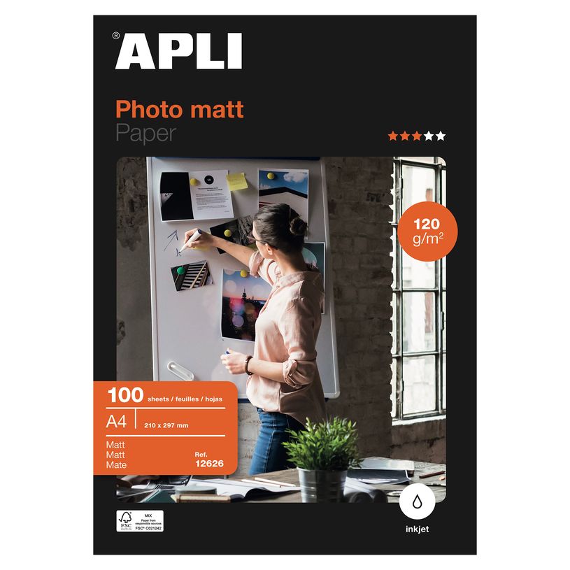Papier photo mat Apli Paper A4 120 g/m² - 100 feuilles pour impression photo et création artistique