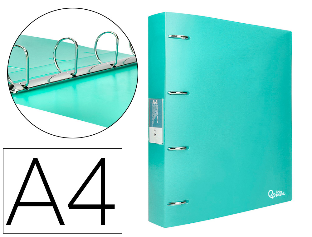 Classeur Liderpapel 4 anneaux 40 mm A4 polypropylène dos 55 mm porte-cartes de visite vert pomme pour classement scolaire et bureau