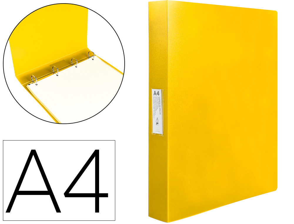 Classeur Liderpapel 4 anneaux 25mm A4 260x315mm polypropylène dos 40mm porte-cartes visite jaune pour classement scolaire et bureau