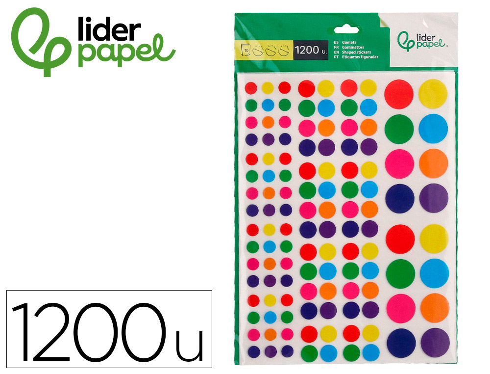 Gommettes autoadhésives Liderpapel rondes - coloris et dimensions assortis, blister 10 feuilles, 1200 unités pour loisirs créatifs et organisation scolaire
