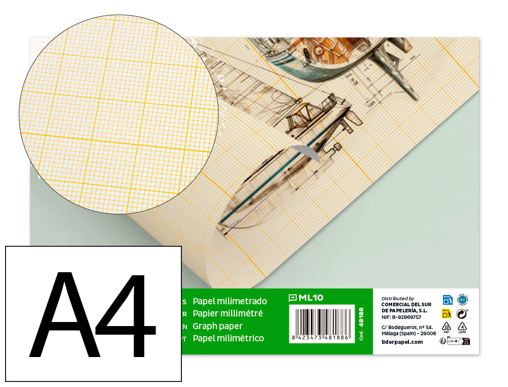 Papier millimétré Liderpapel 1mm 80g/m2 A4 210x297mm minipack 10 feuilles pour dessin technique et travaux scolaires