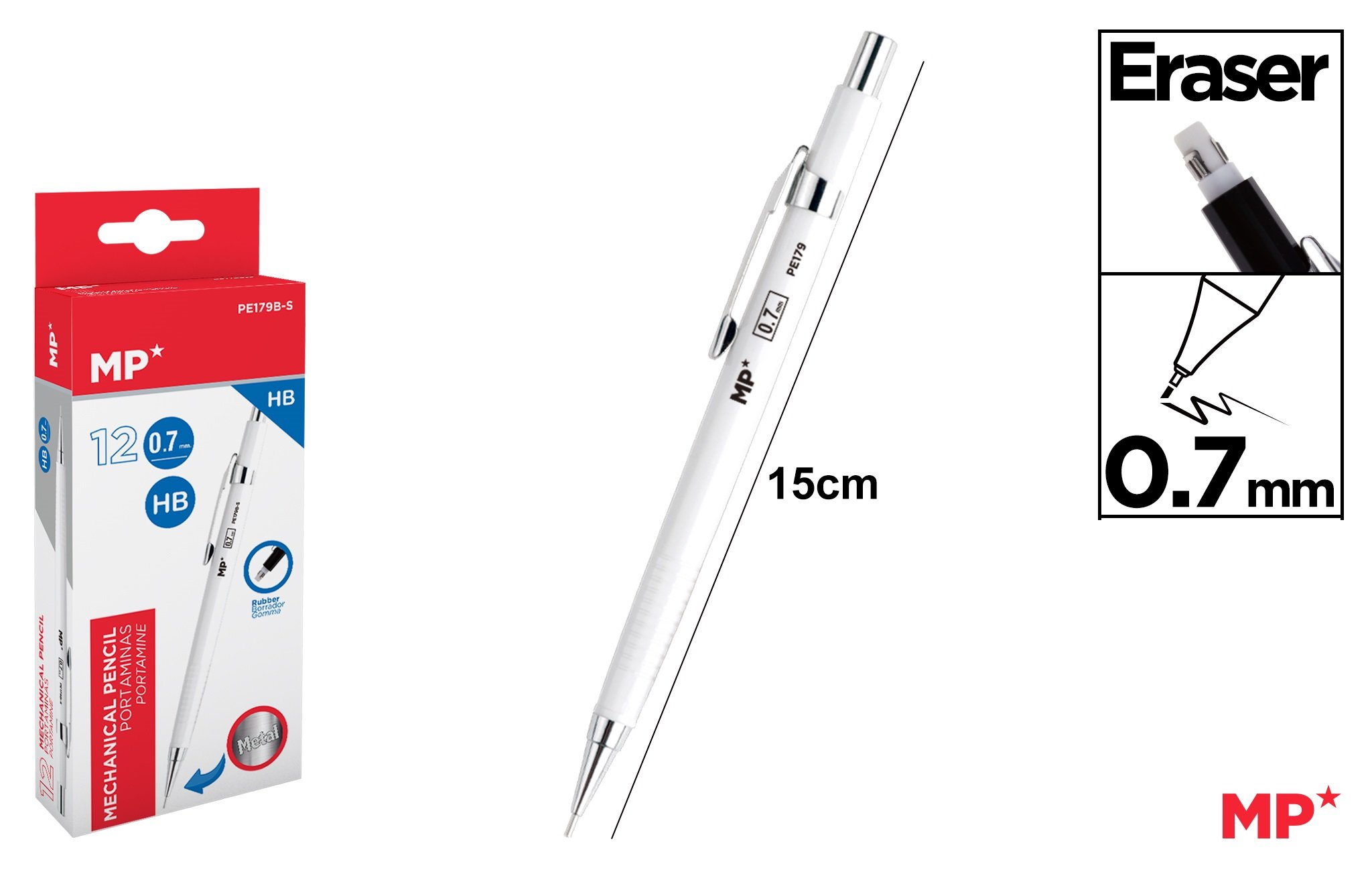 Porte-mines blanc PORTEMINE METALLIQUE 0.7mm 0.7MM - MP -Mine 0.7 mm pour écriture précise scolaire et bureau