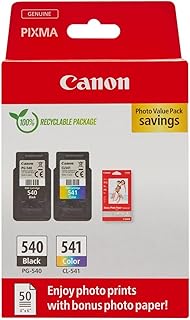Pack d'encre et papier Canon - Cartouches PG-540/CL-541 Noir et Couleur avec 50 feuilles de papier photo 4x6 pour impression photo et documents