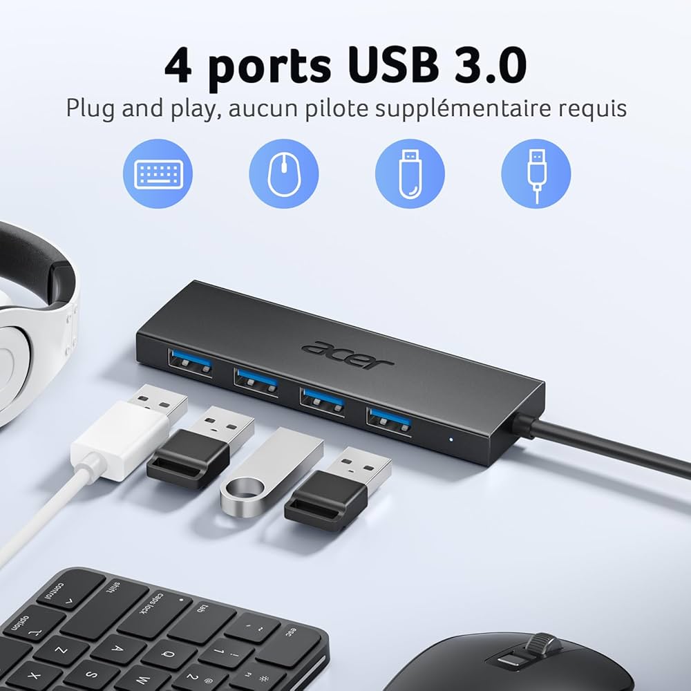 Hub USB ACER avec 4 ports USB 3.0 - Adaptateur multiport USB 3.0 pour ordinateur et périphériques
