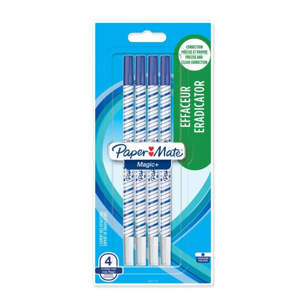Effaceur réécriveur Paper Mate Magic+ - Blister de 4 - Pointe fine - Bleu pour correction et écriture précise