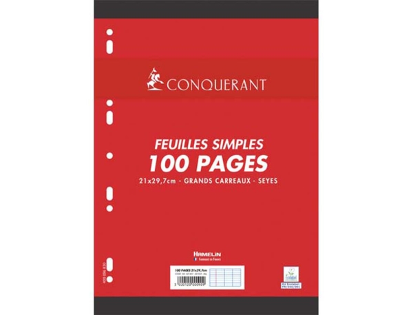 Feuilles mobiles Conquérant A4 210x297 mm 90g Séyès perforées blanc - 100 pages pour prise de notes et organisation scolaire