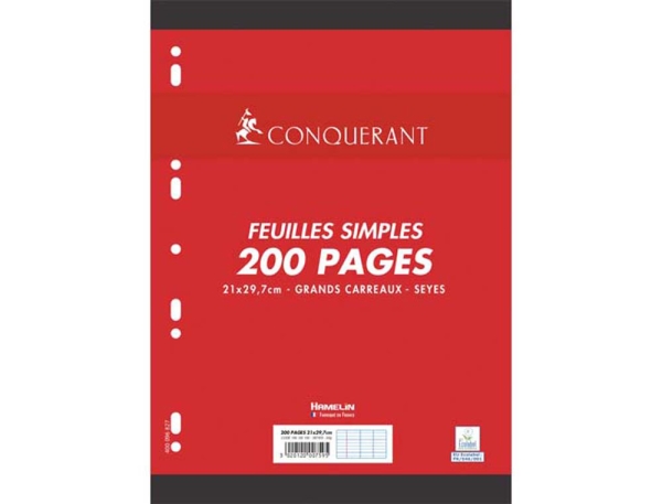 Feuilles mobiles Conquerant A4 210x297 mm 90g Séyès perforées blanc - 200 pages pour écriture scolaire et administrative