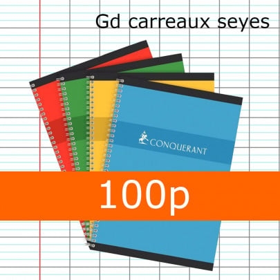 Cahier spirale CONQUÉRANT A4 100 pages 70g - Grands carreaux, couleurs aléatoires, pour école ou bureau