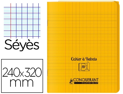 Cahier à rabat Conquérant Classique - 24x32 cm, 96 pages, papier 90g Seyès, couverture polypropylène jaune pour école et bureau