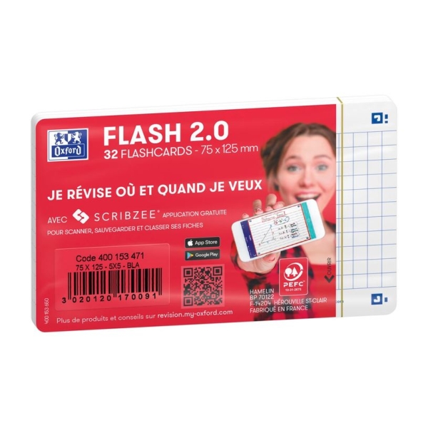Cartes Oxford FLASH 2.0 - Pack de 32 cartes - A7 - petits carreaux - blanc - Pour révision