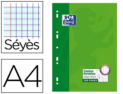 Copies doubles perforées Oxford A4 Séyès 200 pages grands carreaux pour fournitures scolaires et bureau