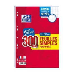 Feuilles simples perforées Oxford 400158184 -300F- format A4 Seyès grands carreaux pour prise de notes