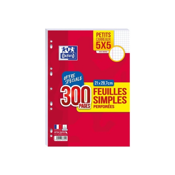 Feuilles simples perforées Oxford A4 quadrillé - 100 feuilles pour prise de notes et organisation scolaire
