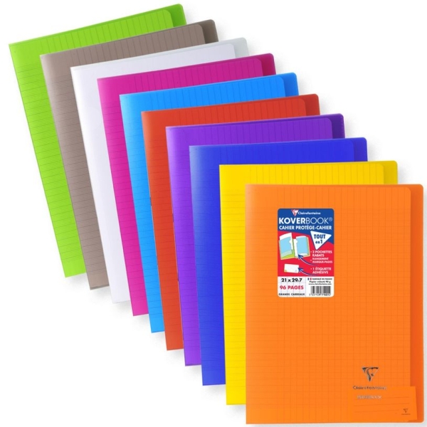Cahier Clairefontaine Koverbook A4 - 96 pages grands carreaux Seyes - Polypro, différentes couleurs
