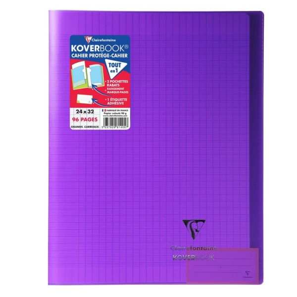 Cahier Agrafé Clairefontaine 981401C Koverbook - 24x32 cm 96 Pages Grands Carreaux Papier 90g Couverture Polypro  divers couleurs 