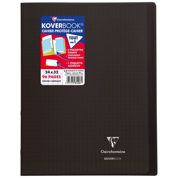 Cahier Clairefontaine Koverbook - Polypro 24 x 32 cm - 96 pages grands carreaux Seyes - Noir pour école et bureau