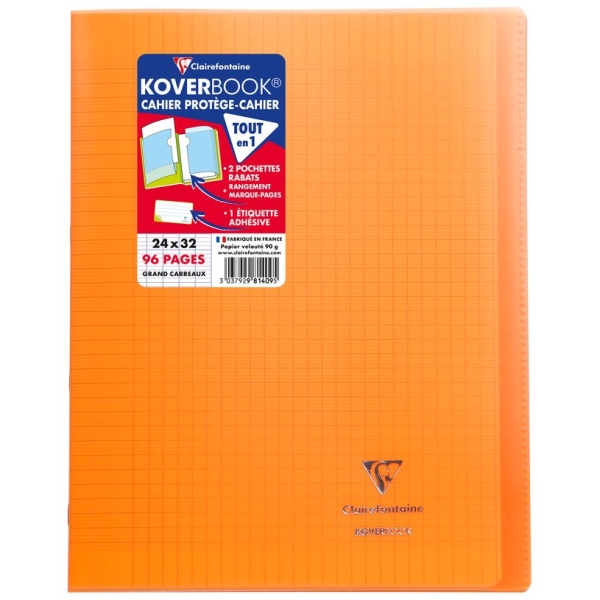 Cahier polypro Clairefontaine Koverbook - 24 x 32 cm - 96 pages - grands carreaux Seyes - Orange pour fournitures scolaires