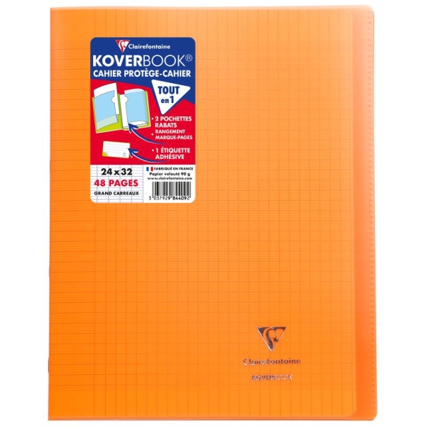 Cahier Clairefontaine Koverbook - Polypro 24 x 32 cm - 48 pages grands carreaux Seyes - Orange pour école et bureau