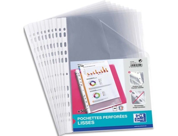 Pochettes perforées Oxford - A4 lisse - 50 unités - pour 25 feuilles - protection documents scolaires et bureau