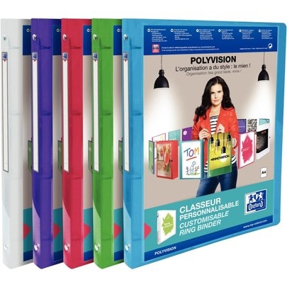Classeur personnalisable Polyvision A4 - 4 anneaux ronds 20mm, polypro translucide, 5 couleurs assorties