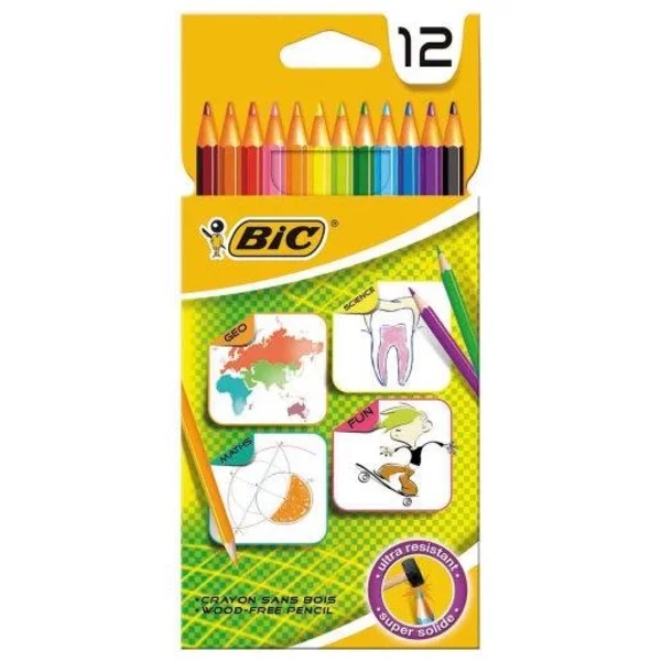 Crayons de Couleur Bic - Etui Carton 12 Couleurs - Pour École et Loisirs Créatifs