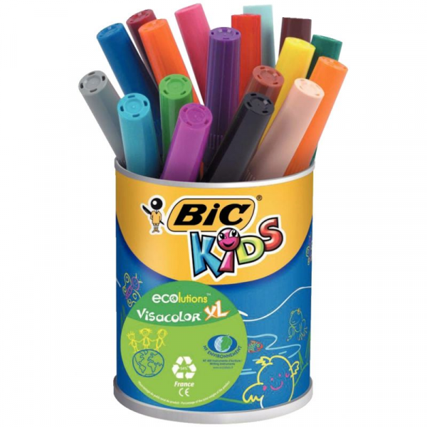 Feutres de Coloriage BIC Kids Visacolor XL - Pointe Large et Résistante, Lavables, Encre à Base d'Eau, Couleurs Assorties, Pot de 18