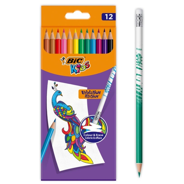 Crayons de Couleur Effaçables BIC Kids Evolution Illusion - Lot de 12 pour Dessin et École
