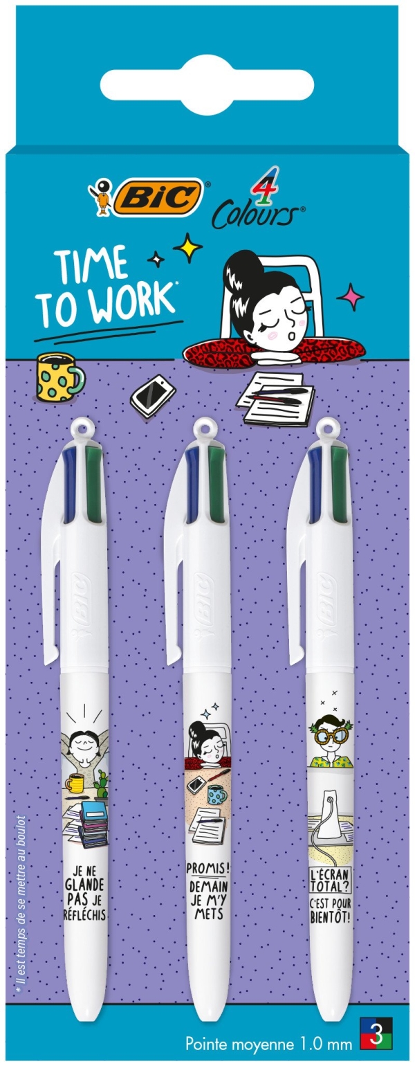 3 stylos bille 4couleurs BIC - Time to work - Bleu, rouge, vert, noir - Pointe moyenne