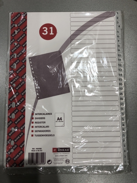 Intercalaires Polypropylène Souple 31 Positions - A4 21x29.7cm Couleurs Assorties pour Classement Document