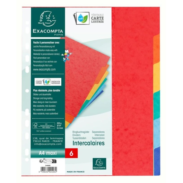 Intercalaires carton EXACOMPTA A4+ 6 touches - classement et organisation pour bureau et fournitures scolaires