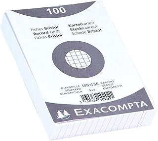 Fiches Bristol Quadrillées Exacompta 10202E - Paquet de 100 - Format 100x150 mm - Compatibles Imprimante Jet d'Encre, Laser, Photocopieur