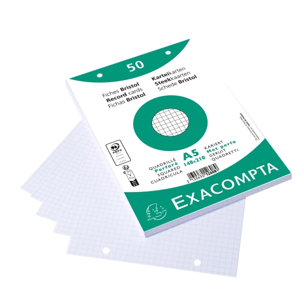 50 Fiches Bristol Exacompta A5 148x210 mm Quadrillé Blanc Perforé - Pour organisation et prise de notes