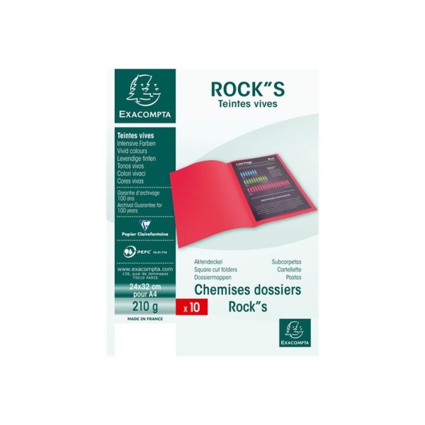Chemises rigides Exacompta ROCK'S 210 g/m2 - Paquet de 10 - PEFC™ 24x32 cm pour A4 - Couleur noir