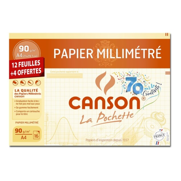 CANSON Pochette papier millimétré - 10 feuilles A4 90g/m²