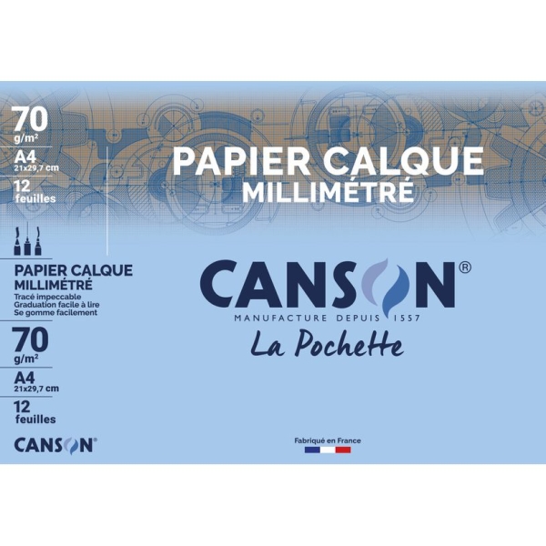 Canson papier calque millimétré - 12 feuilles A4 70/75G pour dessin technique