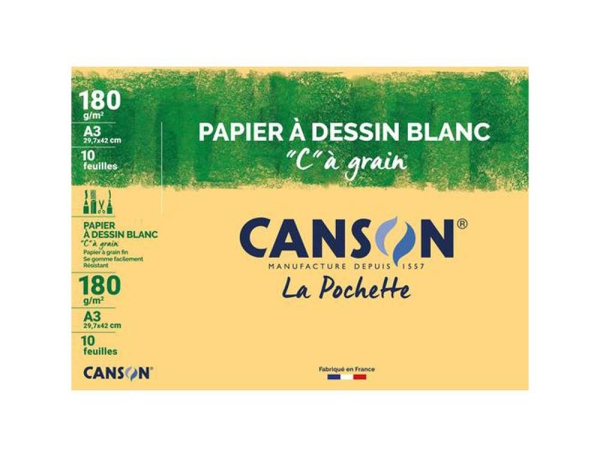 Papier à dessin Canson à grain A3 180 g/m2 blanc - 10 feuilles pour dessin et croquis artistique