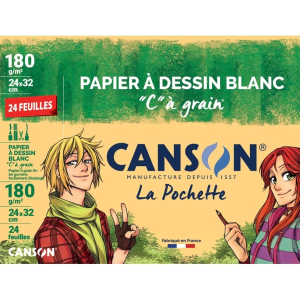 Papier à dessin Canson C à grain - Pochette 24 feuilles 24x32 cm 180 gr blanc - Pour artistes et étudiants