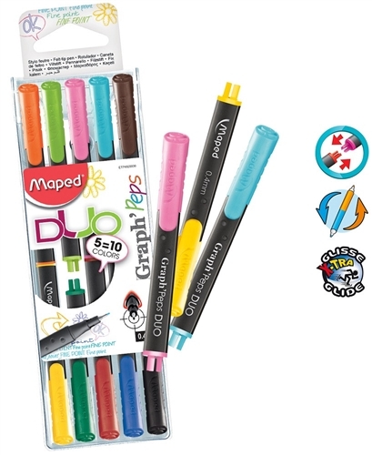 Feutres Graph'Peps Duo Maped 5 pièces - pointe fine et biseautée pour dessin et coloriage scolaire