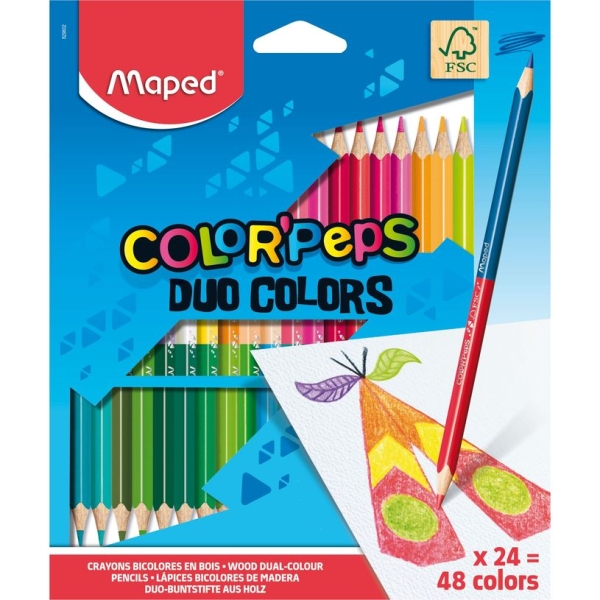 Crayons de Couleur Maped Color'Peps Duo Colors - 24 Crayons Double Mine Couleurs Assorties pour Dessin