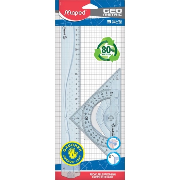 Kit géométrie Maped pour gauchers - 3 pièces transparentes en plastique, règle 300mm, équerre 45° 210mm, rapporteur 180° 120mm