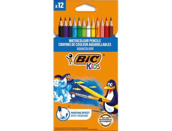 Crayons de couleur aquarellables BIC KIDS Aquacouleur - étui de 12 couleurs pour dessin et peinture scolaire