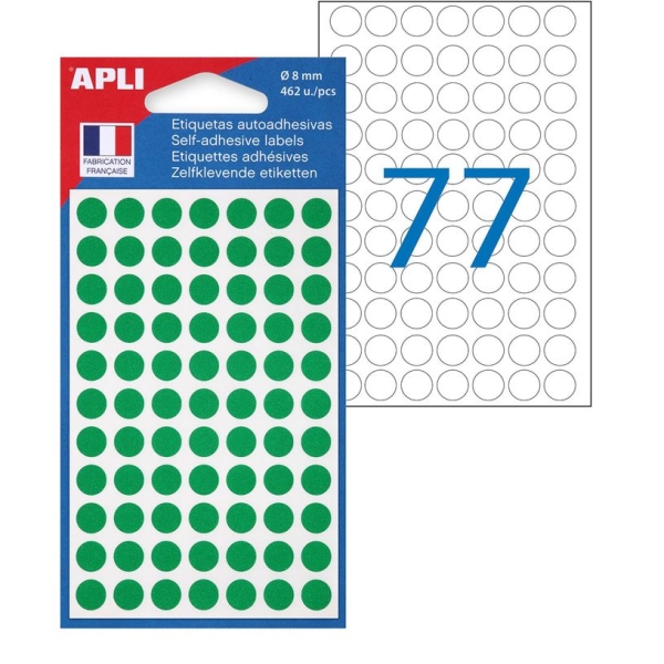 Pastilles Adhésives Vertes Apli Agipa - 462 Étiquettes Rondes Diamètre 8 mm pour Bureau