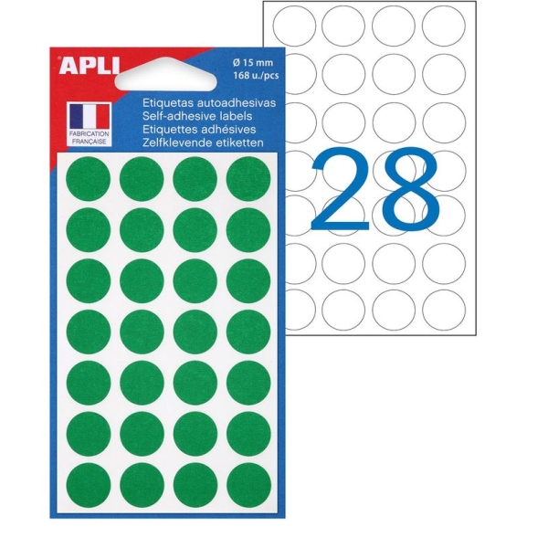 Pastilles Adhésives Vertes Apli Agipa - 168 Étiquettes Rondes Diamètre 15 mm pour Classement