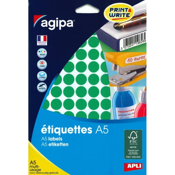 Pastilles adhésives Apli Agipa - Etui A5 - 960 pastilles vertes diamètre 15 mm - Pour marquage et organisation