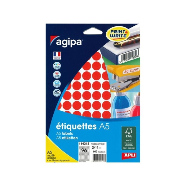 Pastilles adhésives Apli Agipa - 960 pastilles rouges diamètre 15 mm - Etui A5 pour marquage et organisation