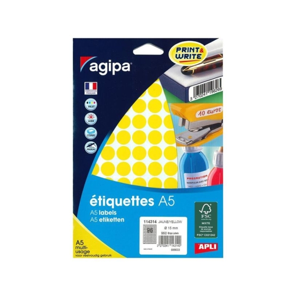 Pastilles Gommettes Rondes 15 mm Jaune AGIPA Etui A5 - 960 unités pour étiquetage manuel et imprimante